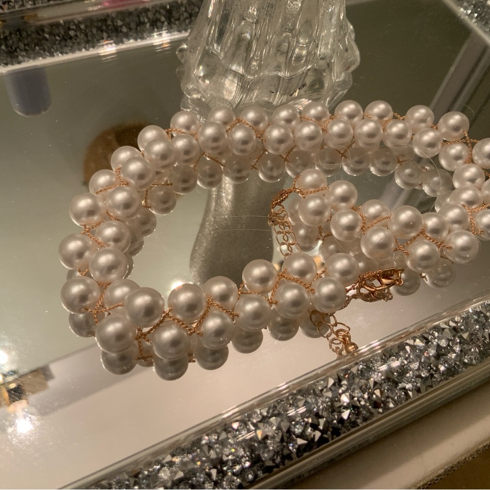 Pearl Multi-Strand Choker Necklace with Gold Accents - White